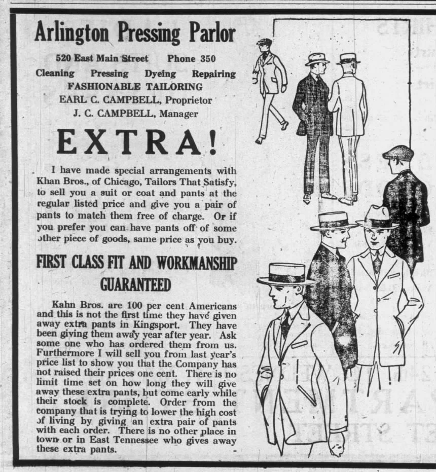 Advertisement for Arlington Pressing Parlor offering tailoring and pants giveaways, featuring illustrations of men wearing suits and hats.