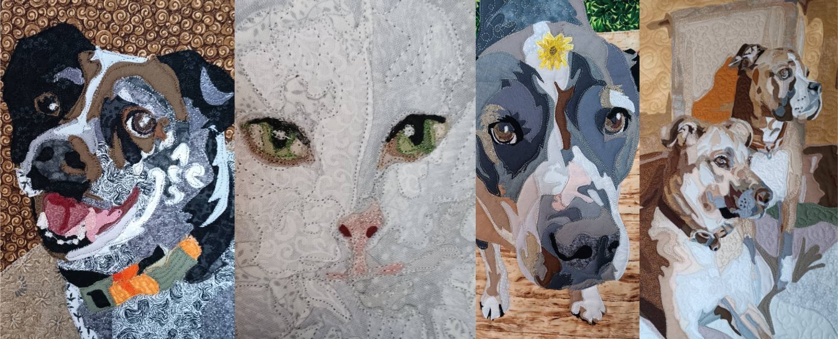 Four embroidered art pieces of animals: a dog with a multicolored collar, a white cat with green eyes, a grey and white dog with a yellow flower on its head, and a group of three dogs in various shades of brown and white.
