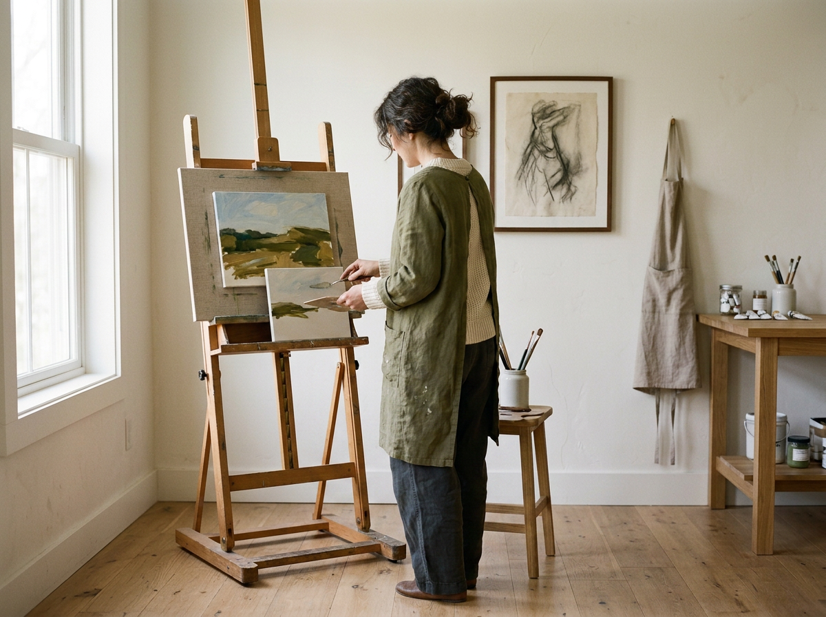 Artist working at an easel in a private studio