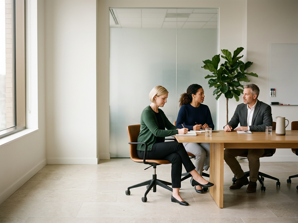 Three professionals discussing documents around a conference table