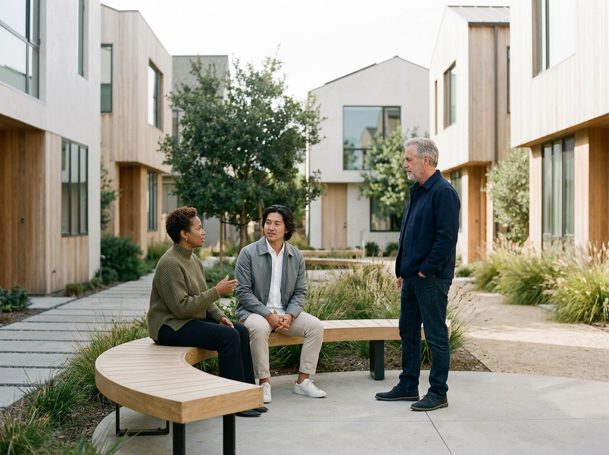 Three people discussing a matter in a residential community