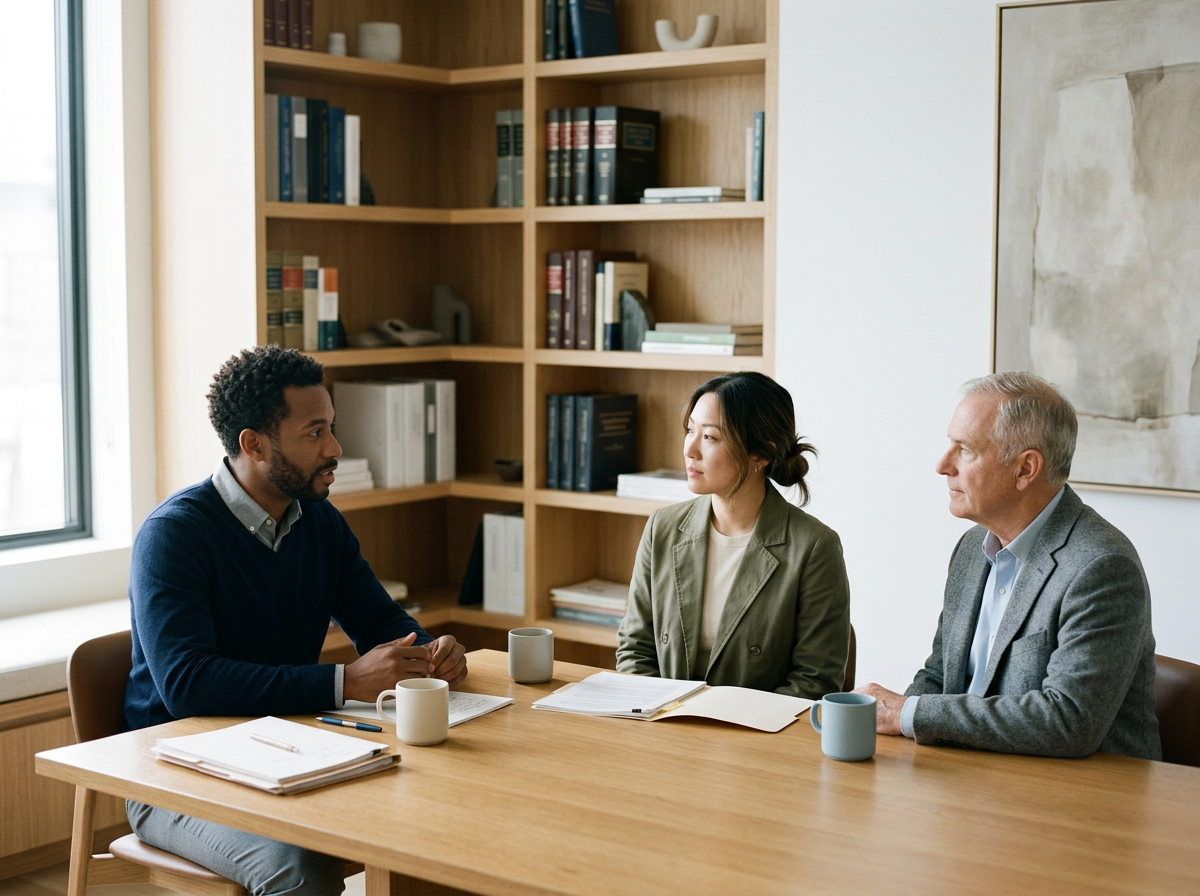 Three professionals discussing documents in a business office