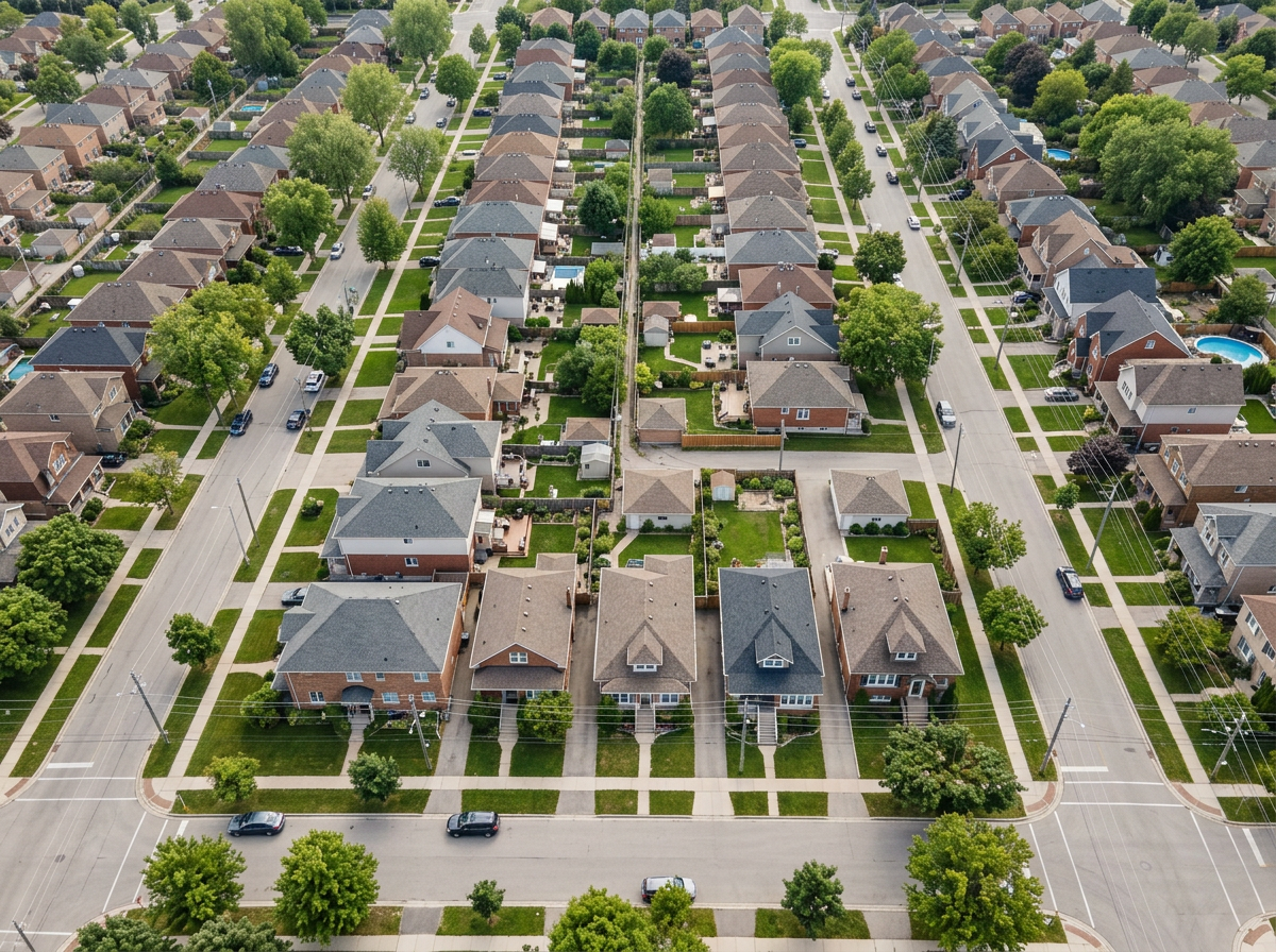 Aerial view of residential properties, lots, streets, and property boundaries
