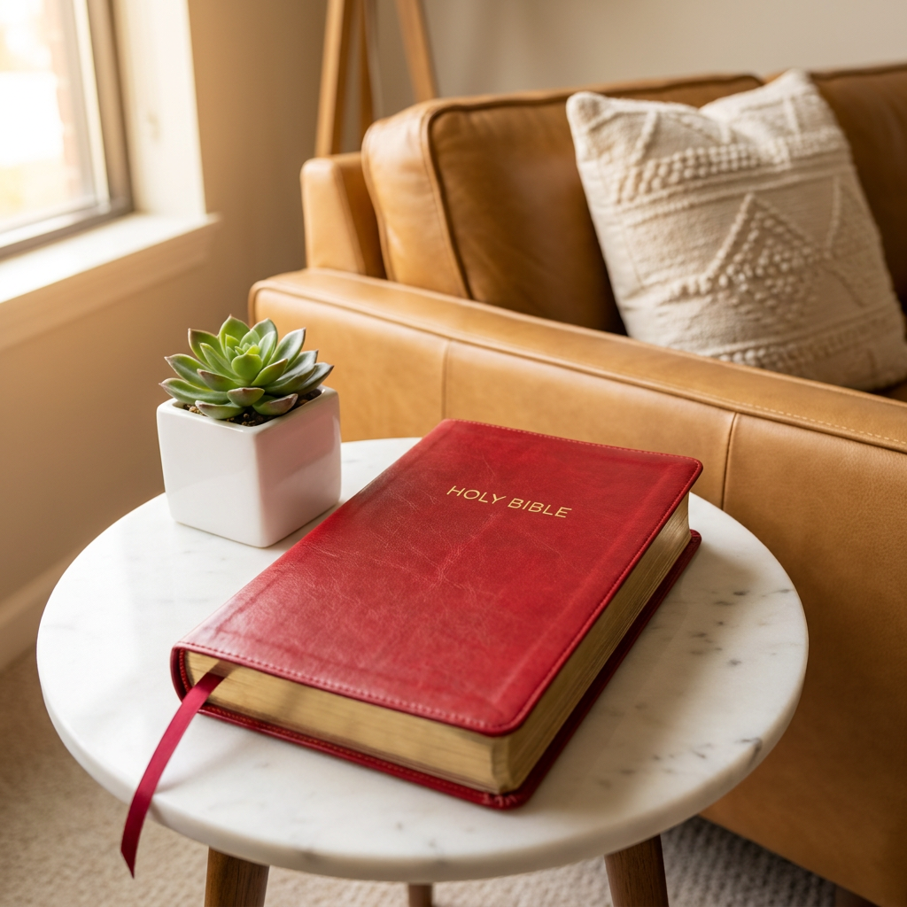 A white round table with a red Holy Bible and a small potted succulent plant, positioned near a tan leather couch with a decorative pillow, next to a window letting in natural light.