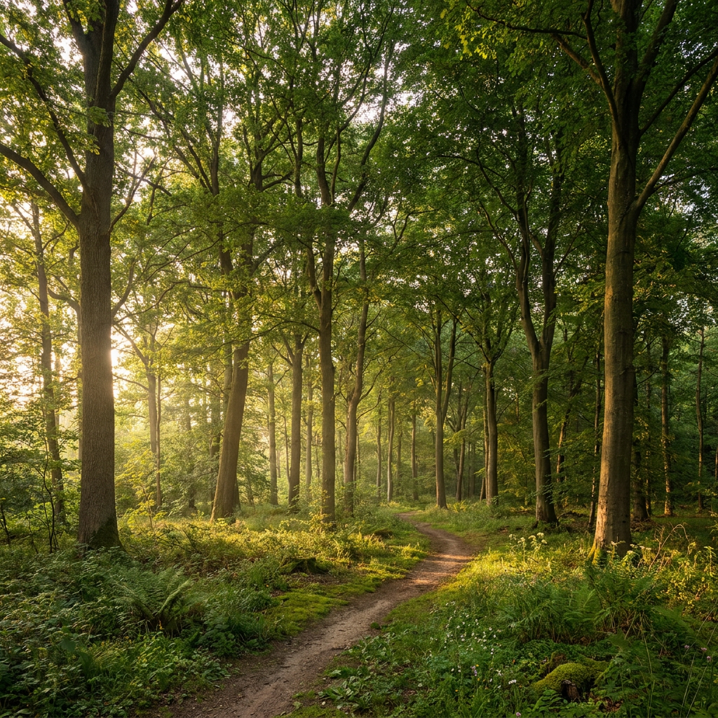 Sunlight filtering through green foliage in a dense forest, with a narrow dirt trail winding through the trees.