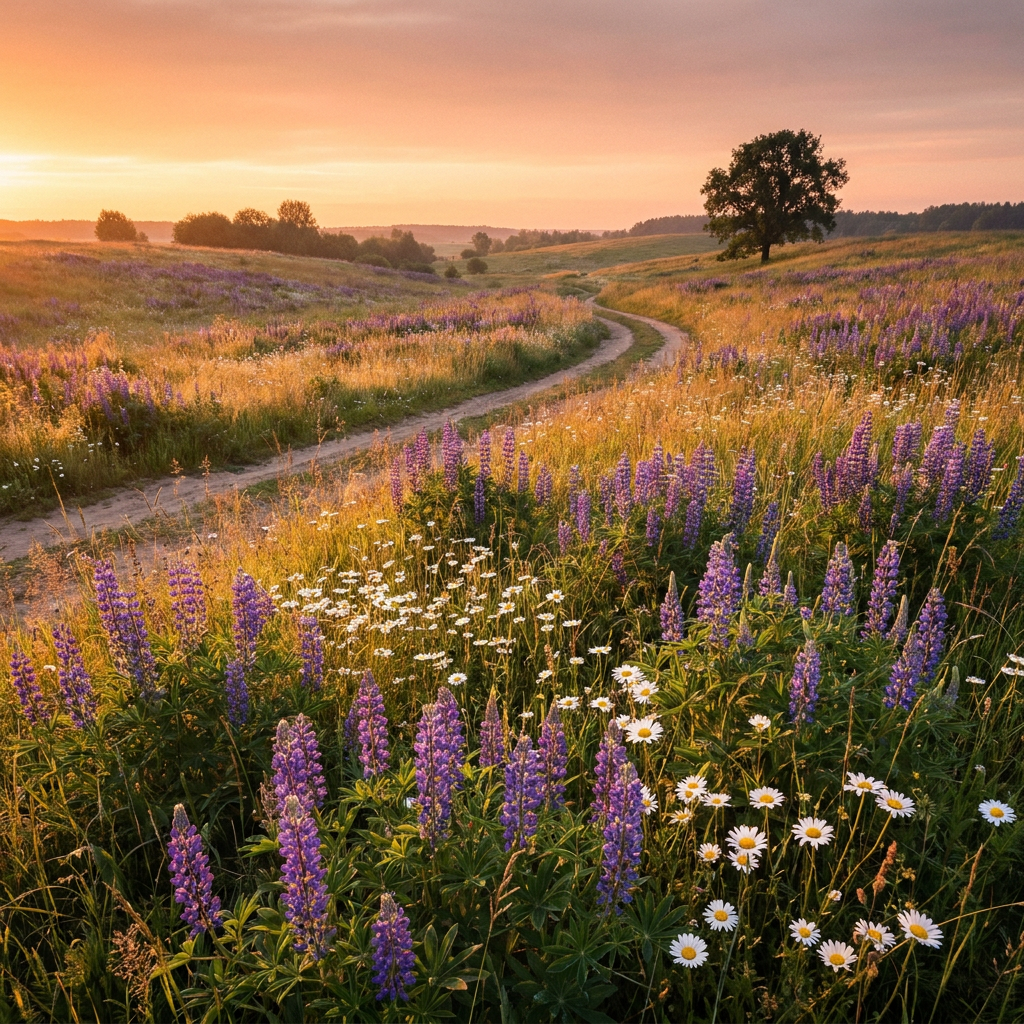 A scenic landscape of a grassy field with purple wildflowers and white daisies at sunset, a winding dirt path, and a solitary tree in the distance.