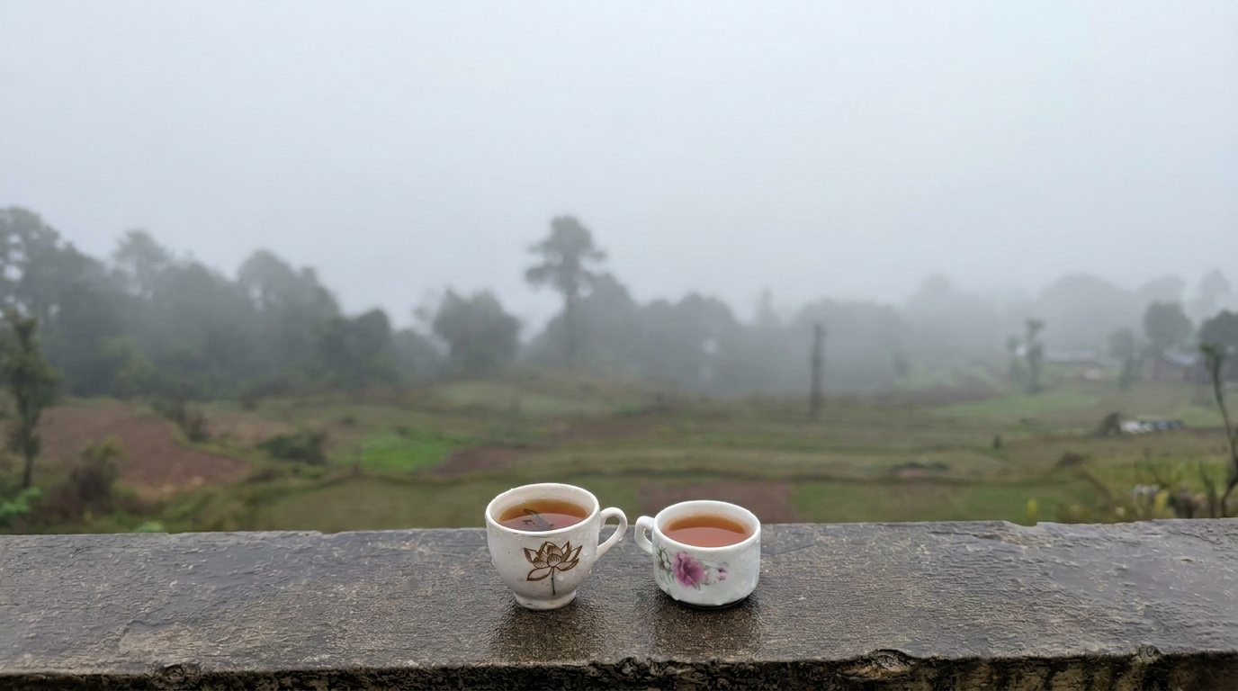 Two small ceramic cups with tea, placed on a rough brown ledge, against a foggy, green, hilly landscape with trees in the background.