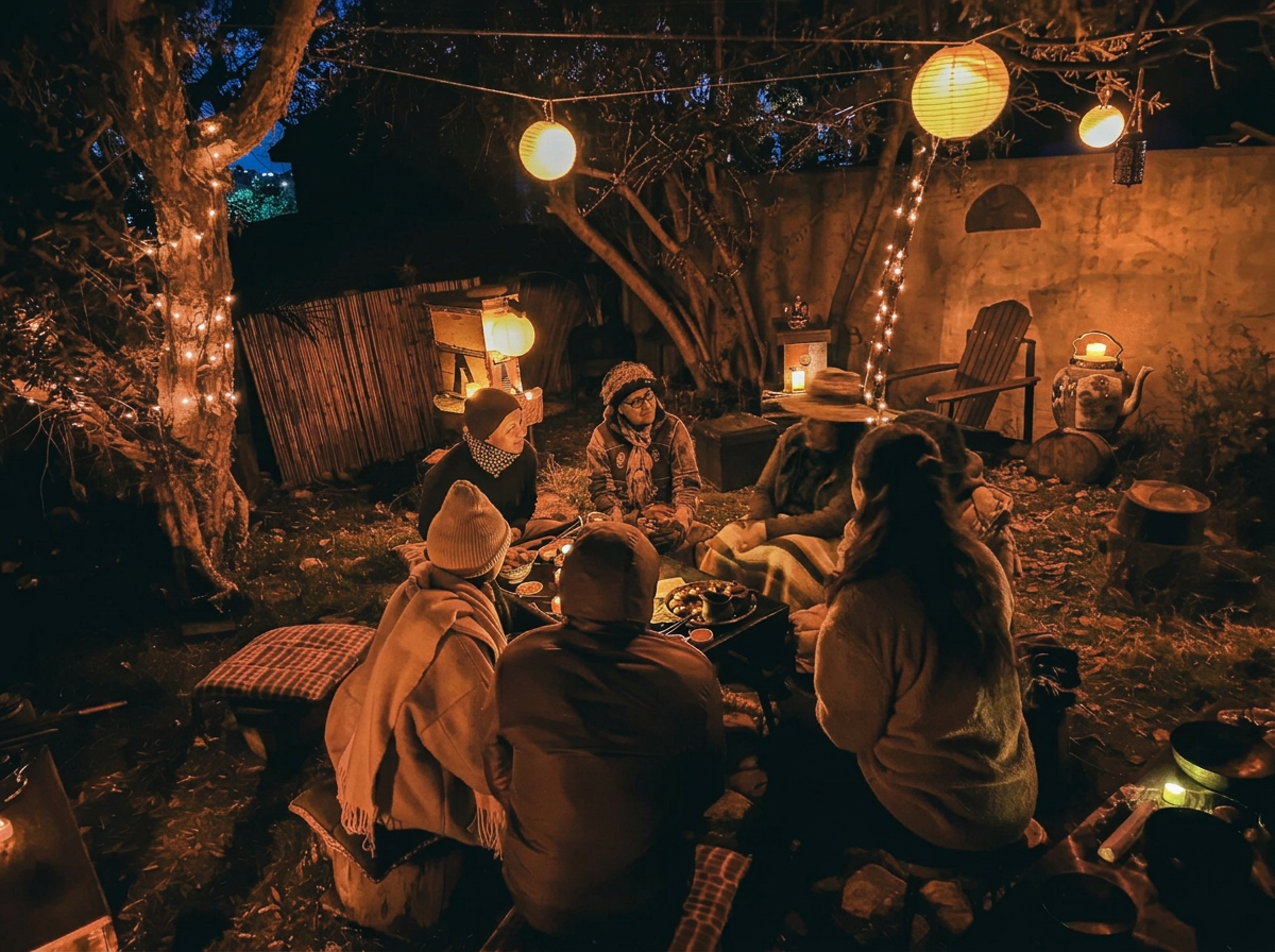 People gathered around a fire pit in a backyard decorated with lanterns and string lights at night.