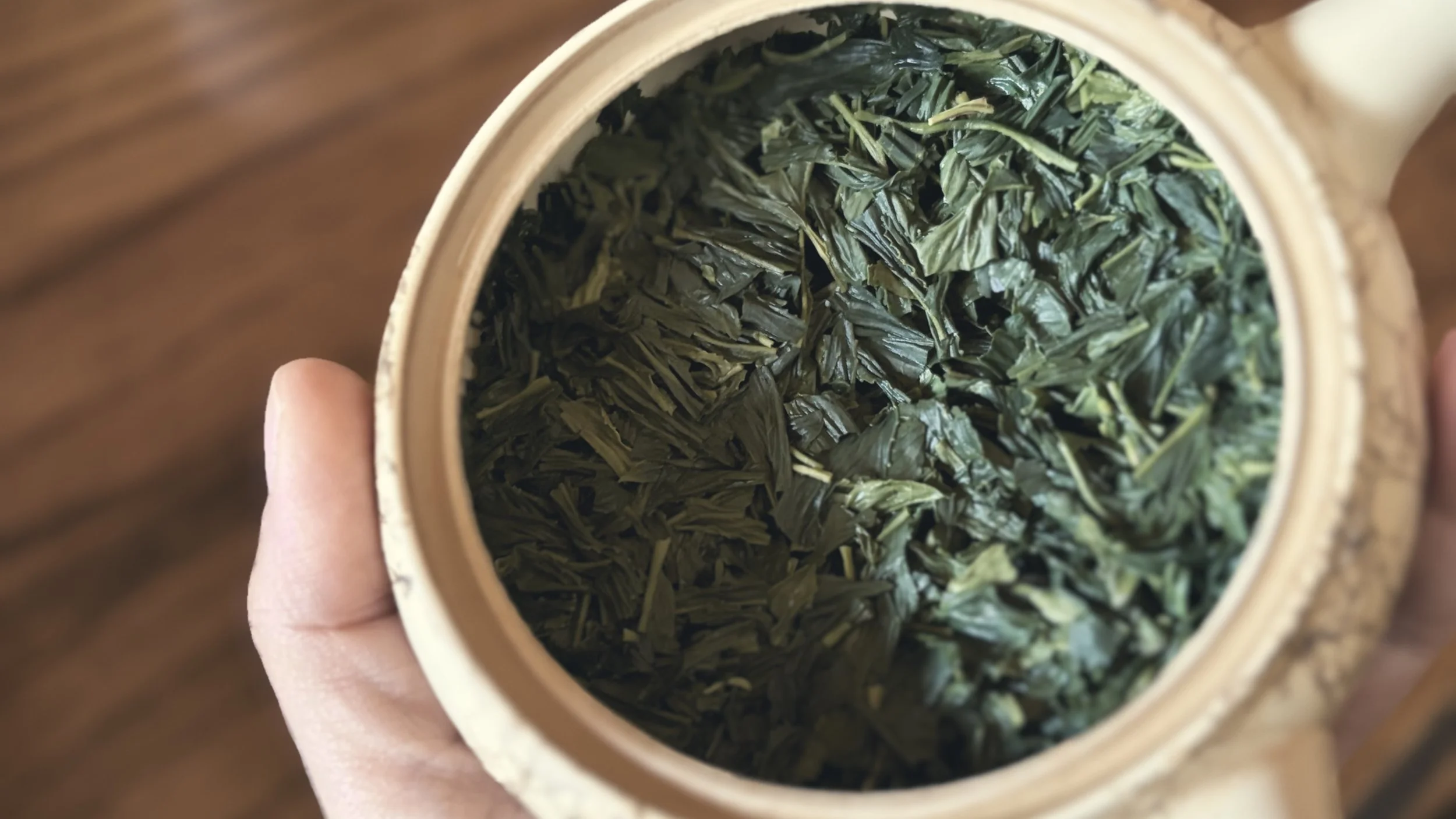 Close-up of a hand holding a round container filled with dried green tea leaves.