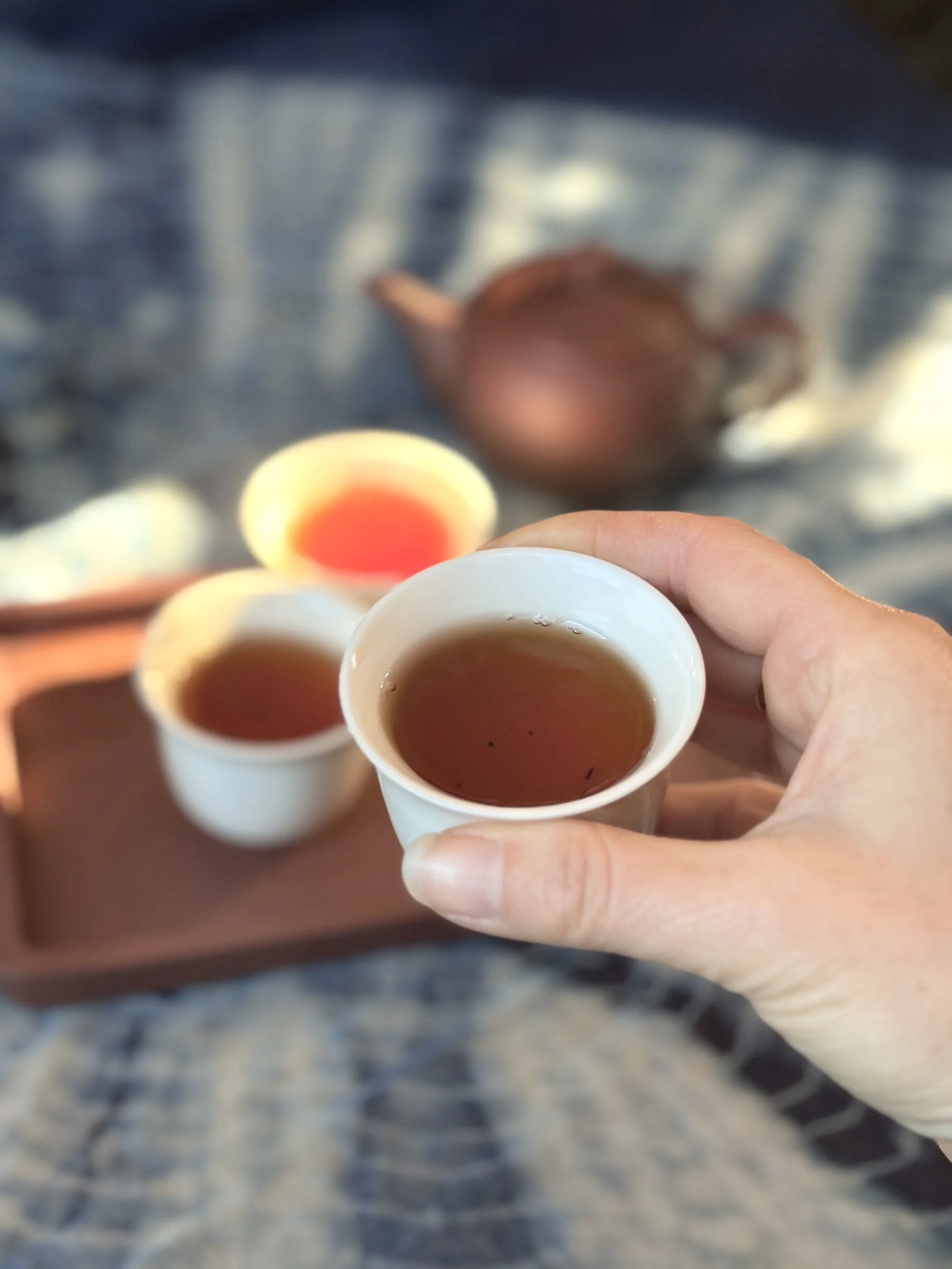 Person holding a cup of hot tea or coffee, with several similar cups on a tray in the background.