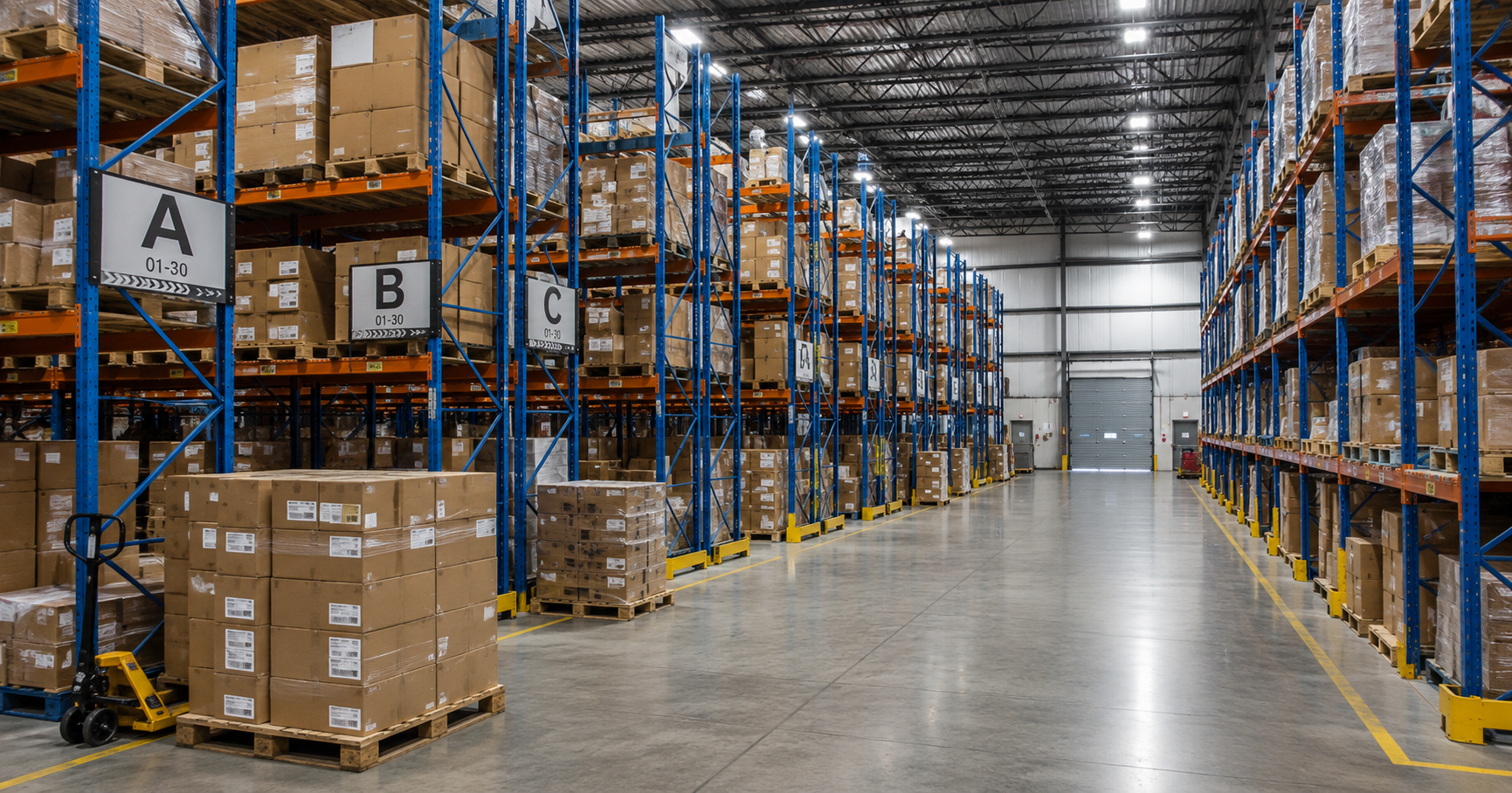 High-density warehouse racking system illustrating inventory storage, warehouse organization, and operational efficiency.