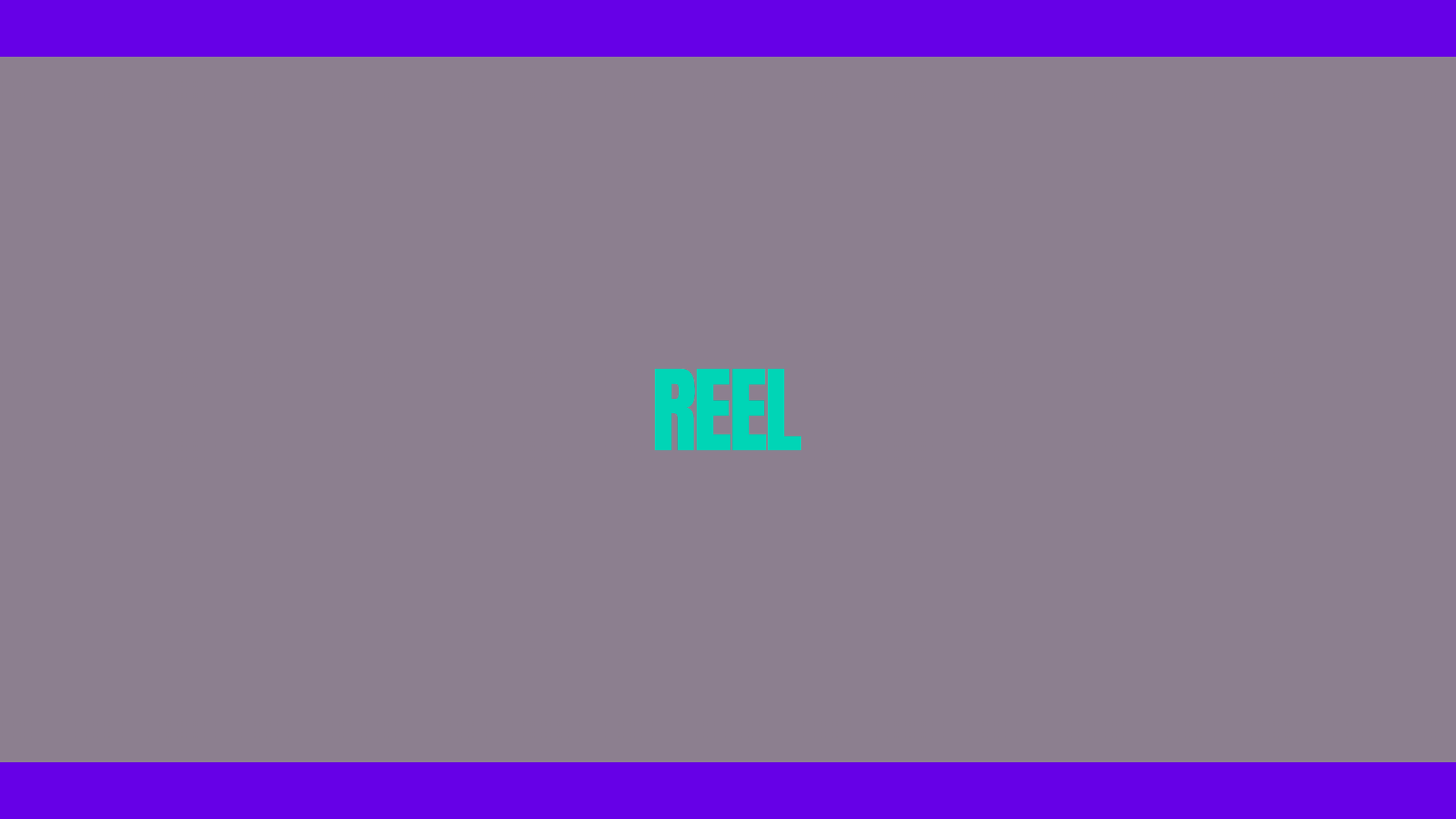 Digital graphic with the word 'REEL' in bold teal letters at the center, against a dark purple and black gradient background with purple borders at the top and bottom.