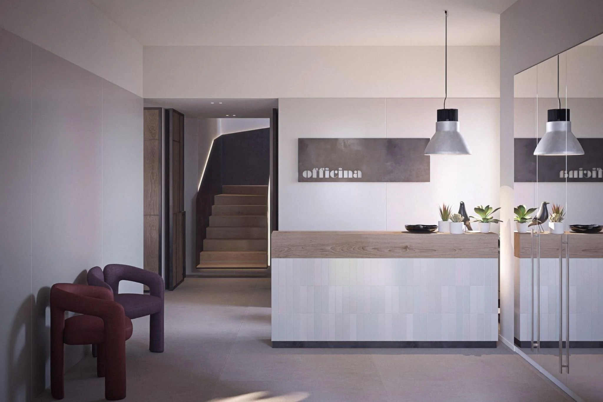 Interior view of a modern, minimalist reception or kitchen area with a wooden counter, hanging lamps, potted plants, and artworks on the walls.