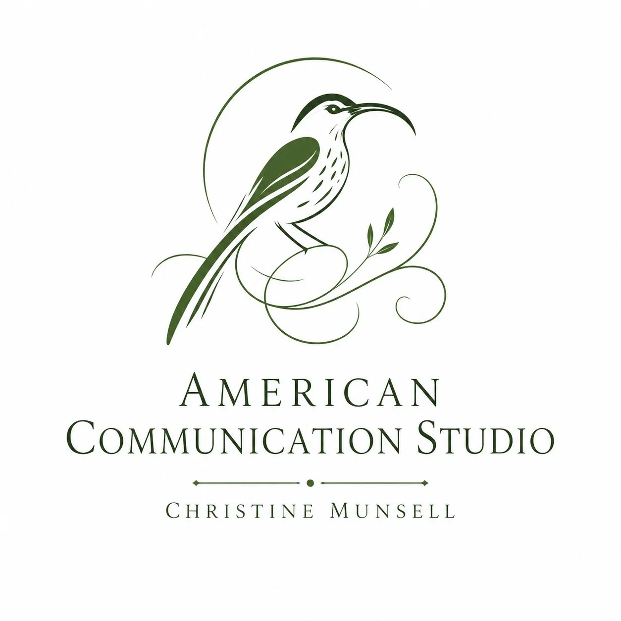 American Communication Studio logo featuring a stylized bird, with the name Christine Munsell.