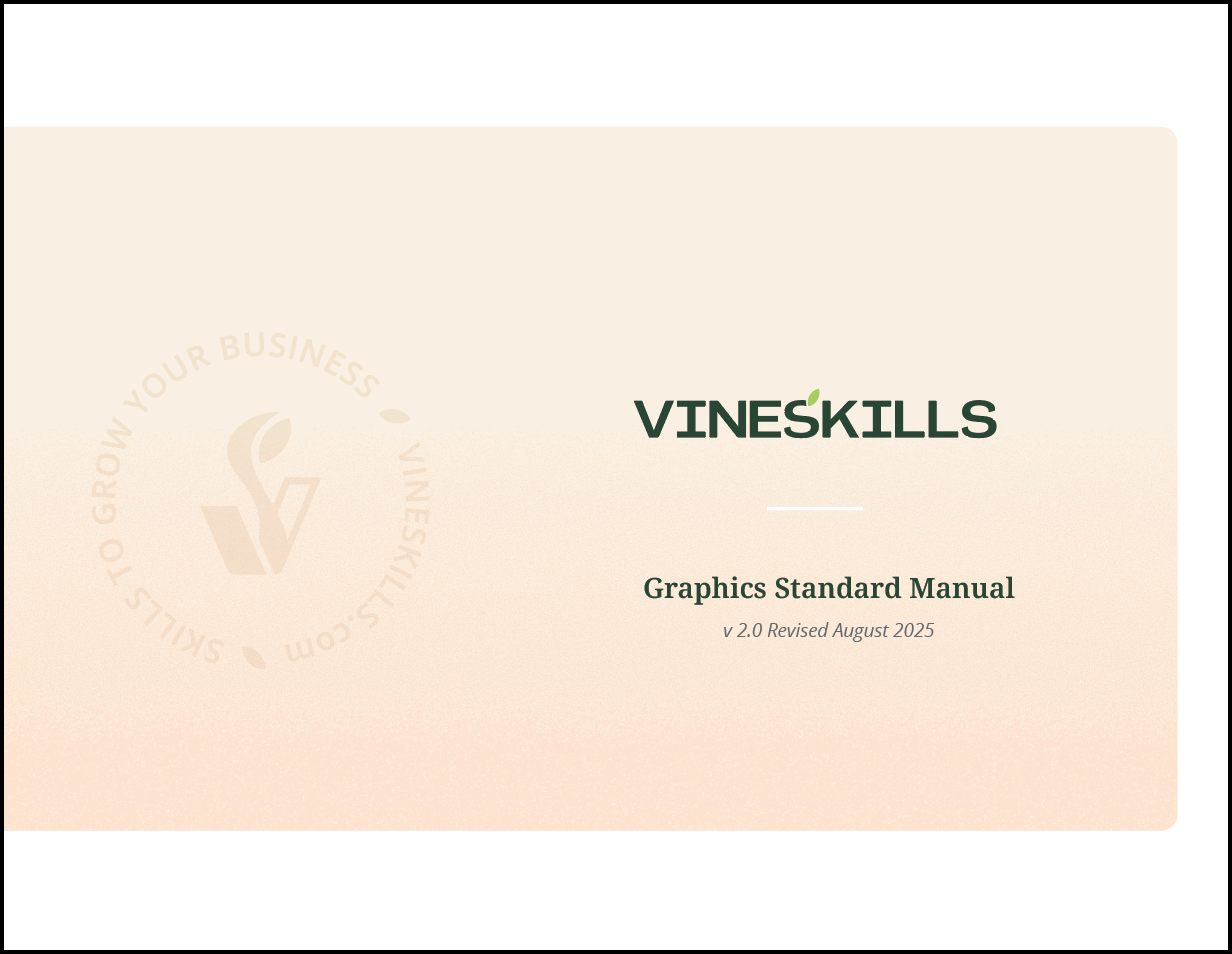 Cover page of a manual titled "Vineskills Graphics Standard Manual, v 2.0 Revised August 2025" with a light beige background, Vineskills logo on the left, and green text for the title.
