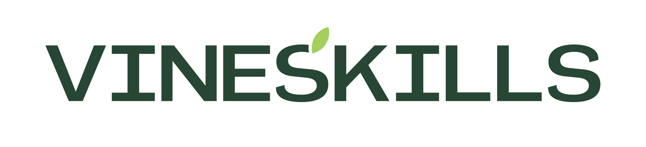 The word VINESKILLS with a green leaf above the letter I.