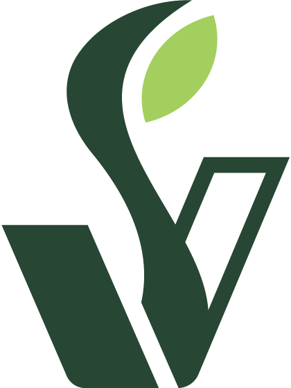 A stylized green and dark green plant logo with a leaf.