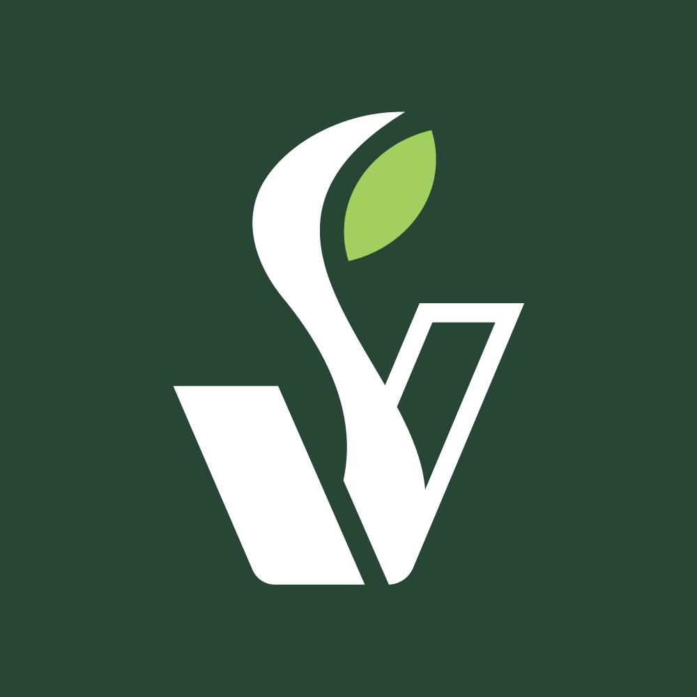 A logo with a white stylized letter 'V' integrated with a green leaf and a white checkmark on a dark green background.