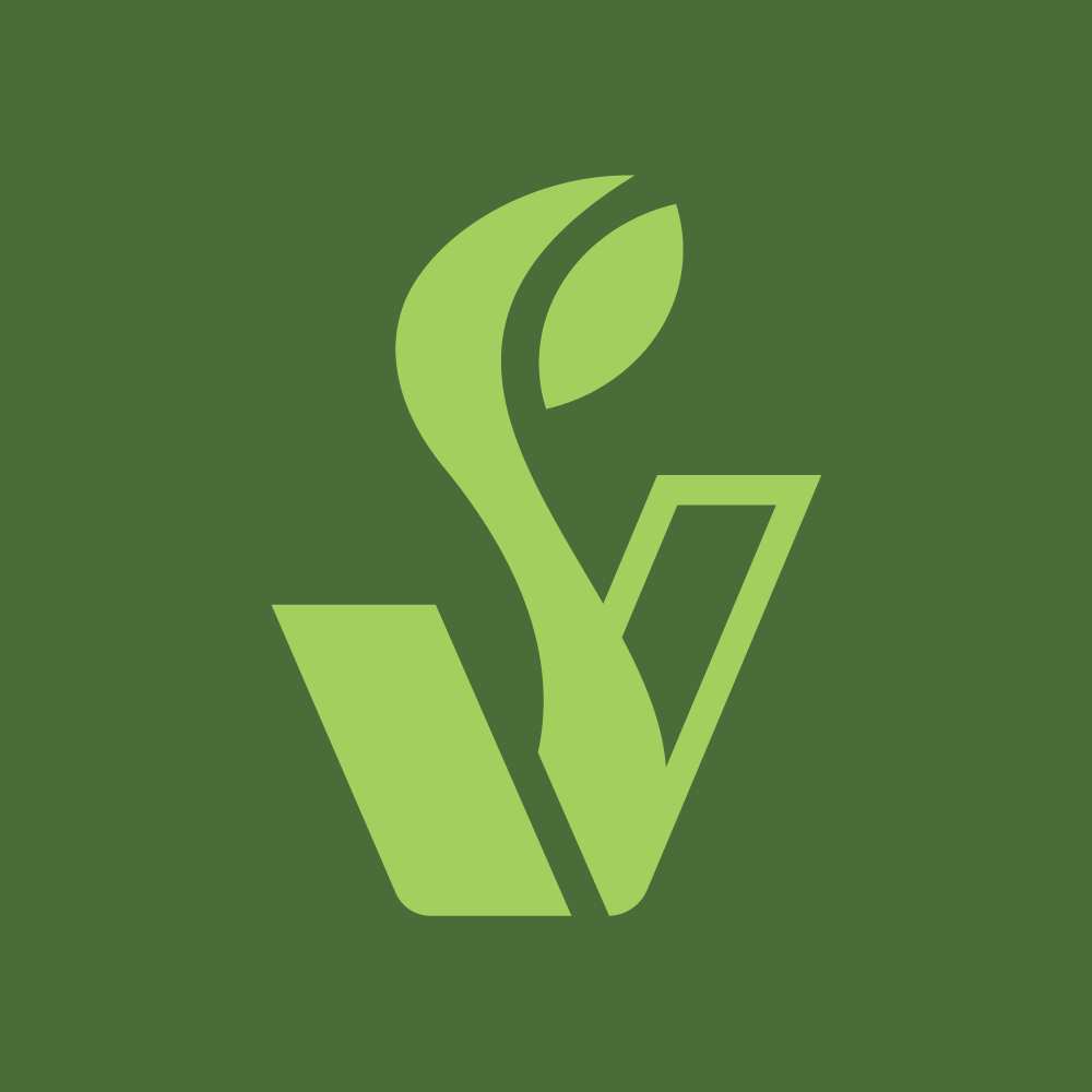 A stylized green leaf incorporated into a V-shaped design against a darker green background.