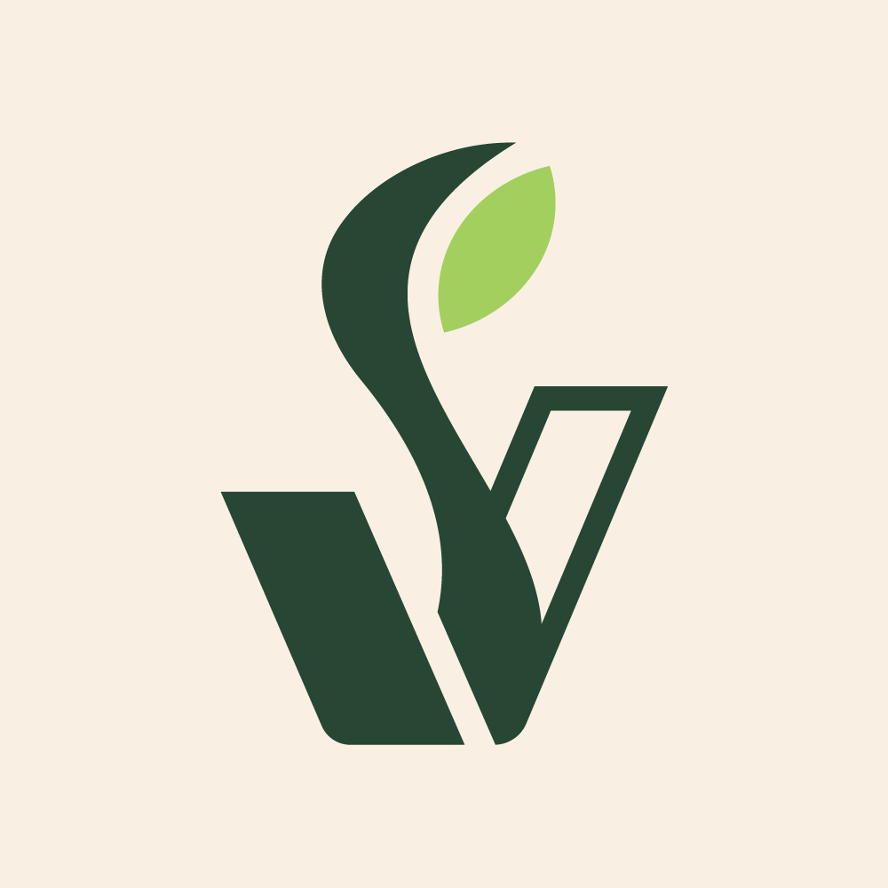 Stylized logo featuring a dark green letter 'V' with a light green leaf on top, on a light beige background.
