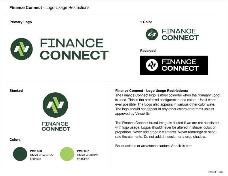 Guide on logo usage restrictions for Finance Connect, showing primary, reversed, and stacked logo versions, with color specifications and guidelines for consistent branding.