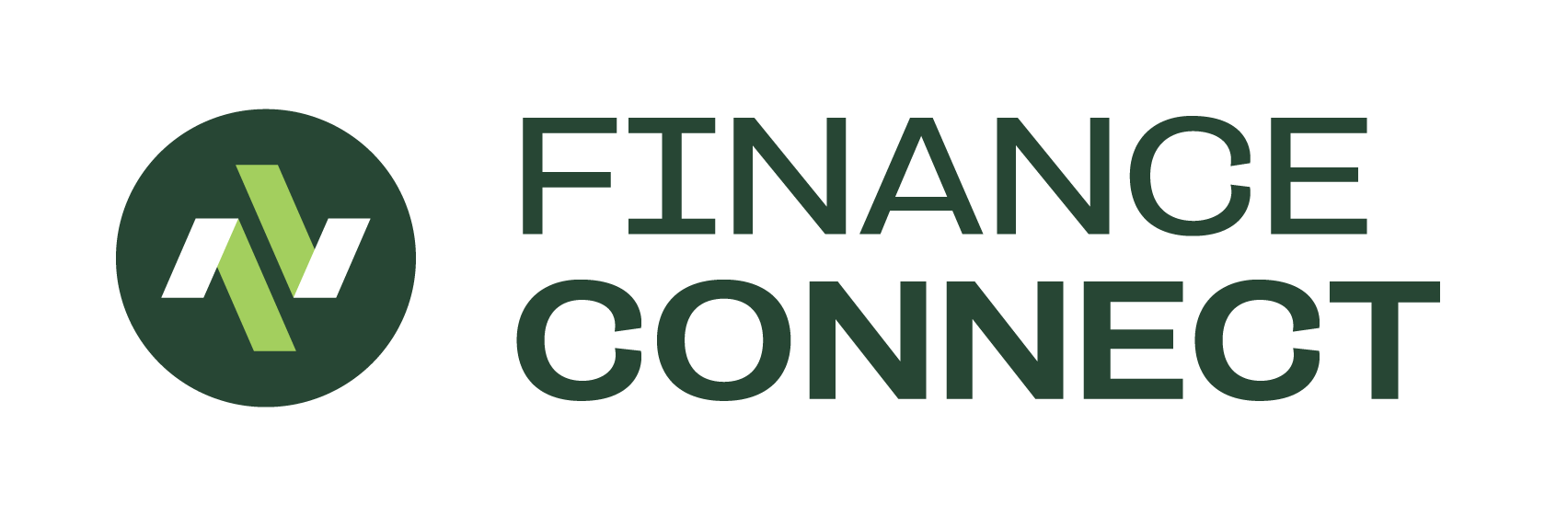 The logo of Finance Connect featuring a green circular icon with stylized white and green lines, followed by the text "FINANCE CONNECT" in dark green capital letters.