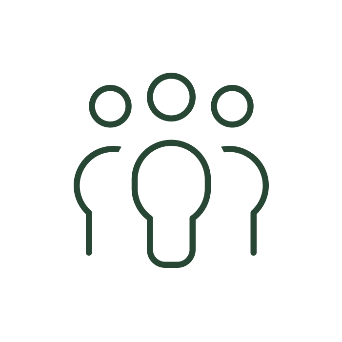 Icon of a group of three people, depicted with simple lines and circles representing heads, on a black background.