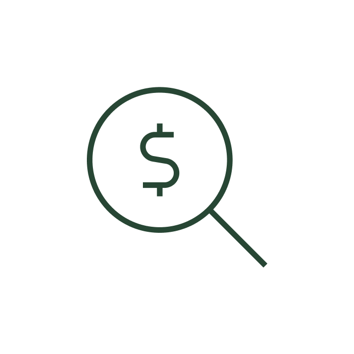 Magnifying glass with a dollar sign inside, symbolizing financial search or investment analysis.