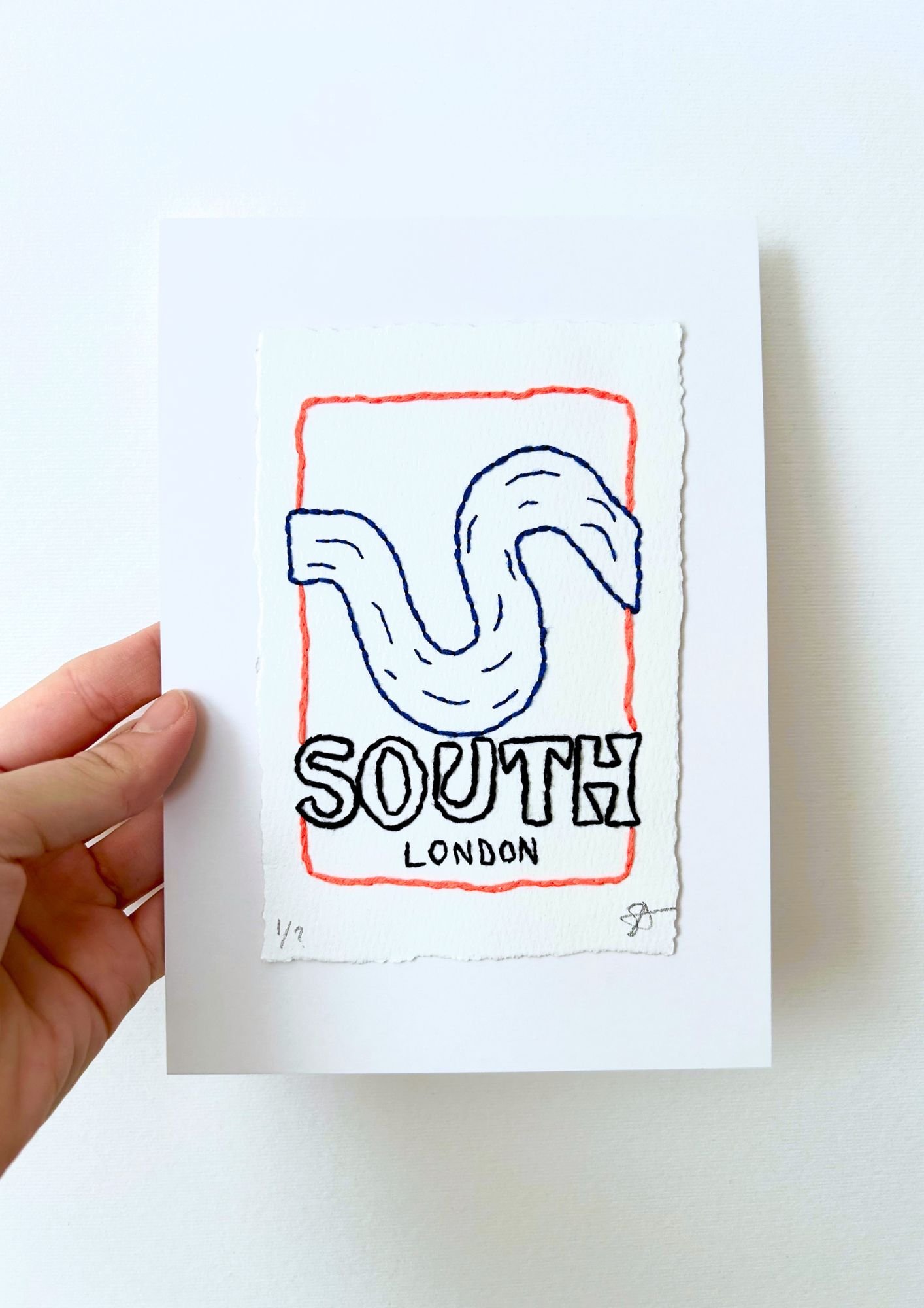 and-embroidered SOUTH London artwork featuring the River Thames outline on rag paper