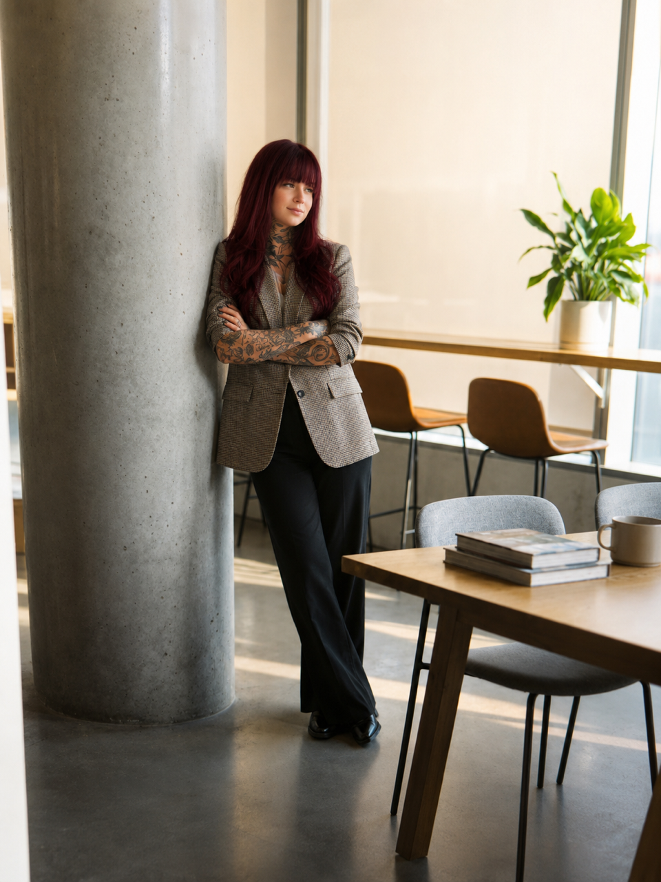 A woman with long red hair, tattoos on her arms and neck, wearing a blazer and black pants, leaning against a concrete pillar in a modern, well-lit café or office space with a table, chairs, books, and a potted plant.