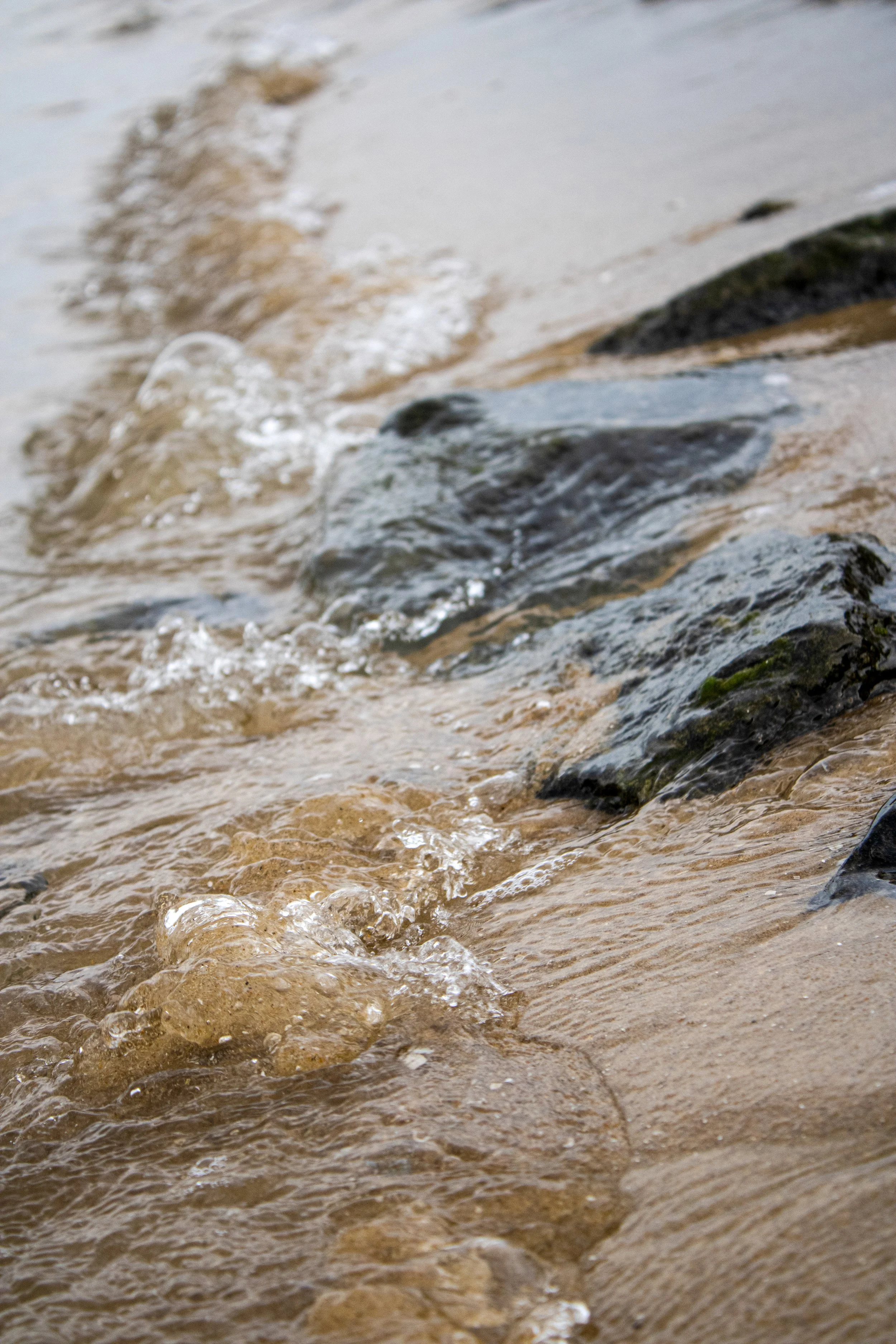 Close-up view of water flowing over sand and rocks at the edge of a body of water.