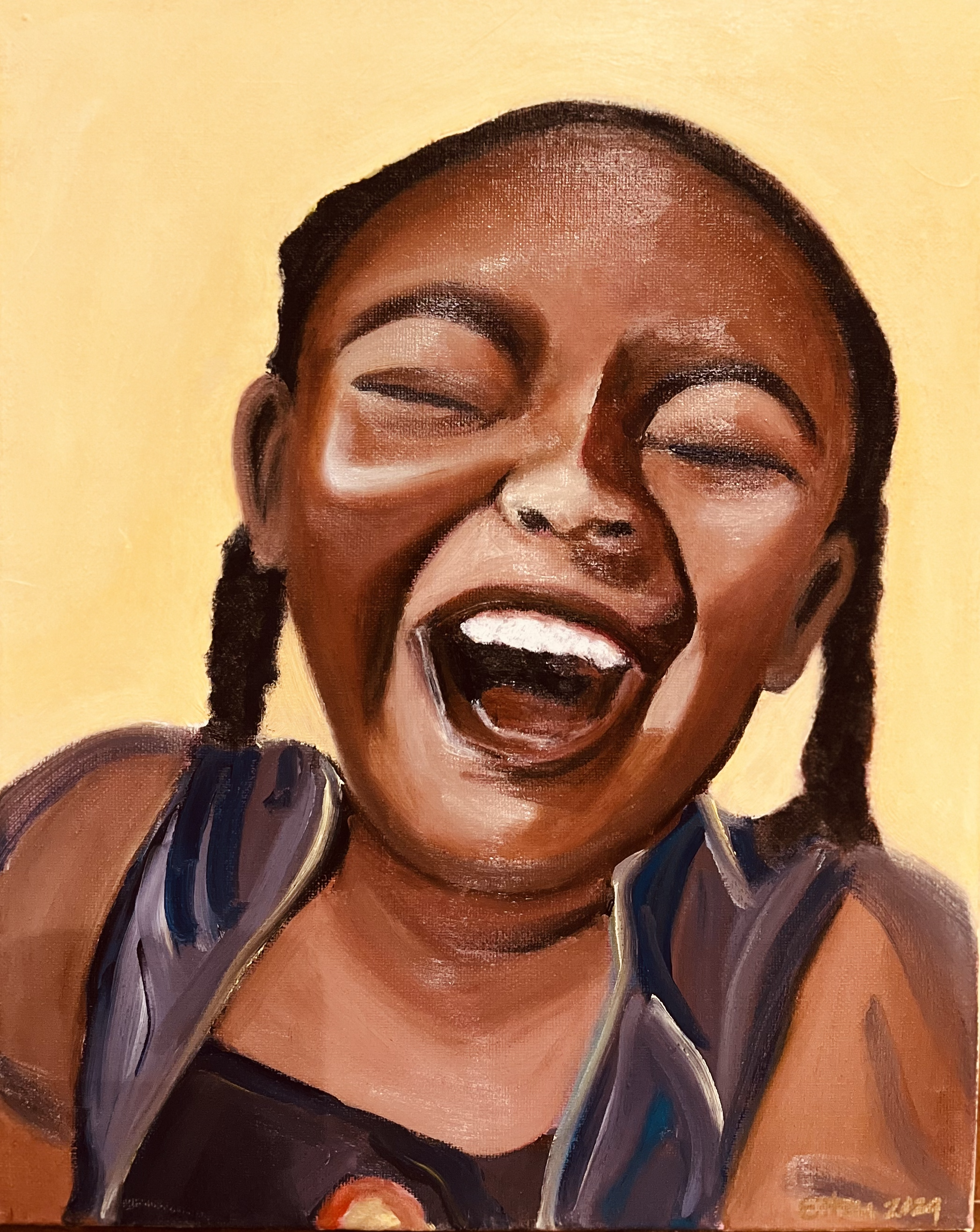 Painting of a smiling young woman with braided hair, wearing a black tank top with purple accents, with a yellow background.