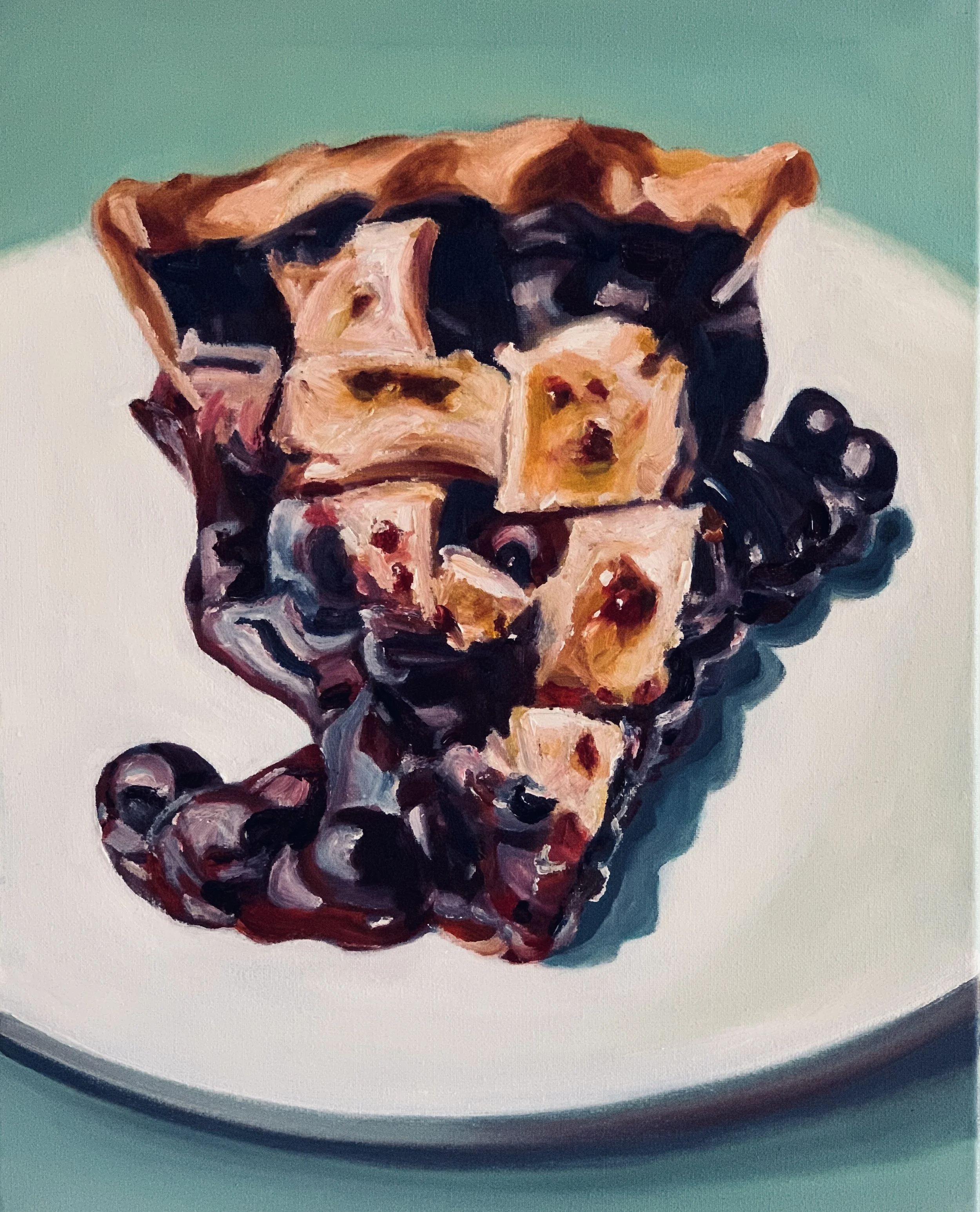 Painting of a pile of assorted gummy candies, including bears, worms, and fruit slices, on a white plate with a teal background.