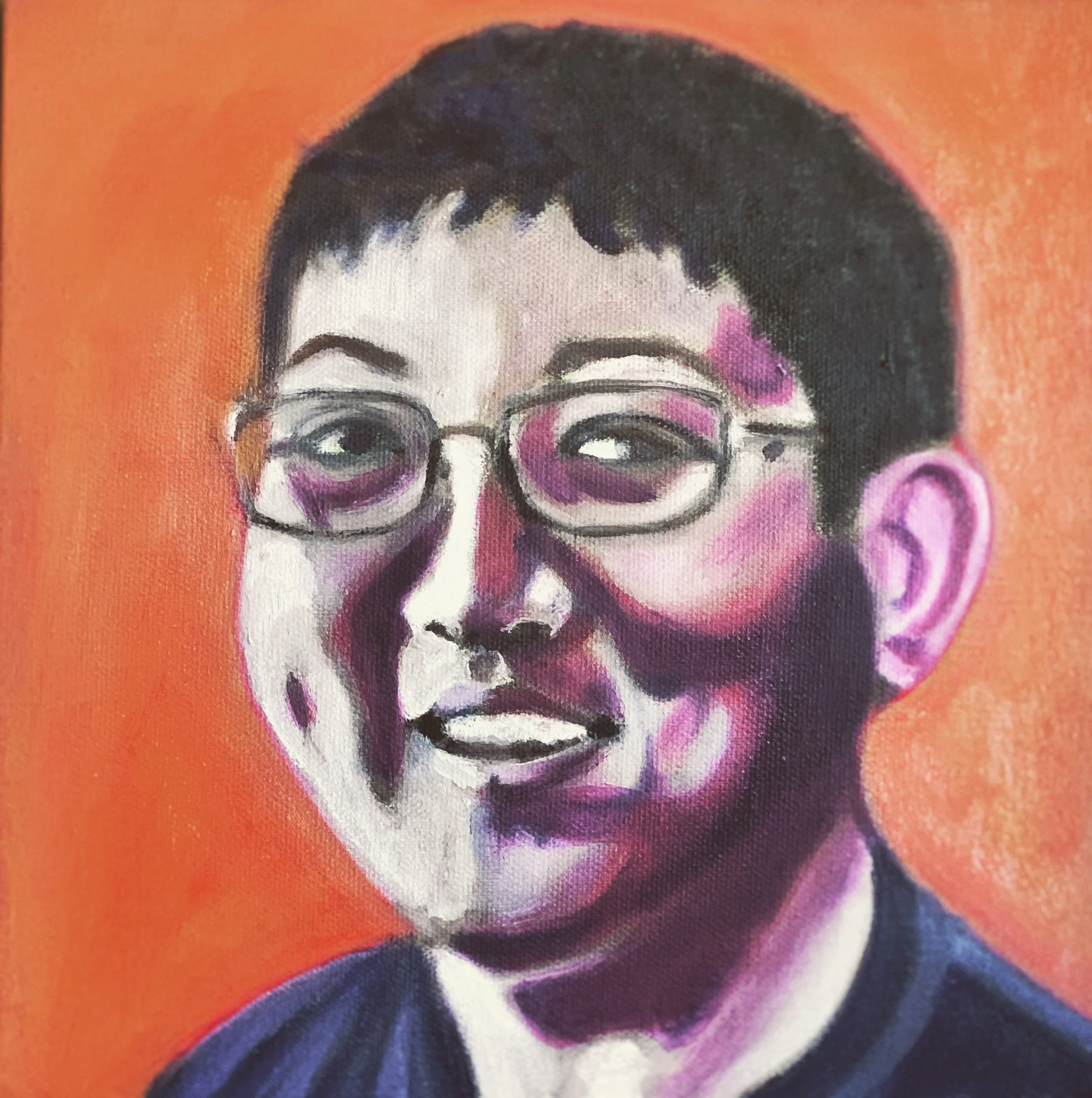 A close-up painting of a person's face with glasses, short dark hair, and a light complexion, set against an orange background.