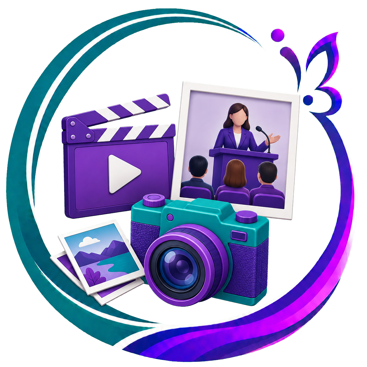Illustration de médias numériques comprenant un appareil photo coloré violet et cyan, une caméra vidéo, une photo de paysages, une icône de lecture vidéo, une photo de conférence avec une femme parlant au micro, et des éléments décoratifs en forme de cercle coloré.