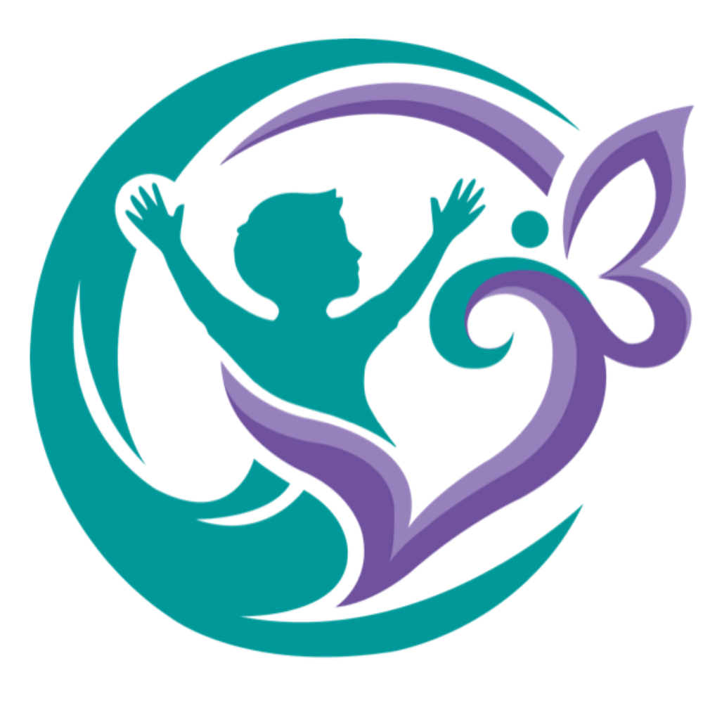 Logo représentant un enfant stylisé avec des bras levés, entouré de formes florales et de vagues en couleurs violette et turquoise.