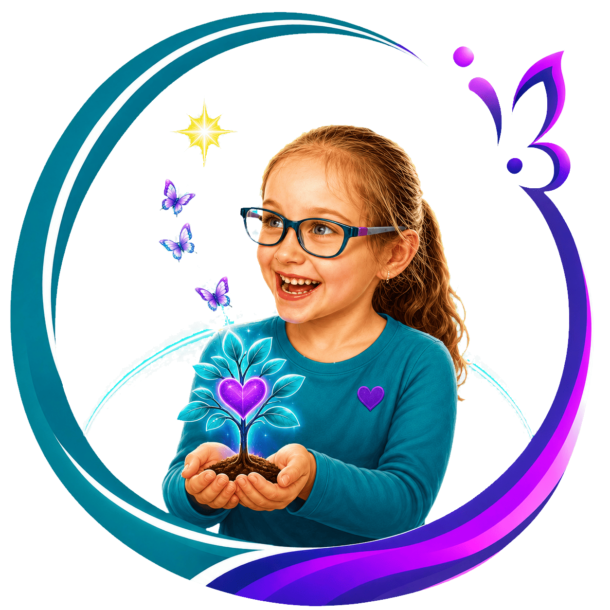Une jeune fille souriante porte des lunettes, tient une plante lumineuse avec un cœur violet au centre, entourée de papillons et d'effets lumineux violets et bleus sur un fond noir.