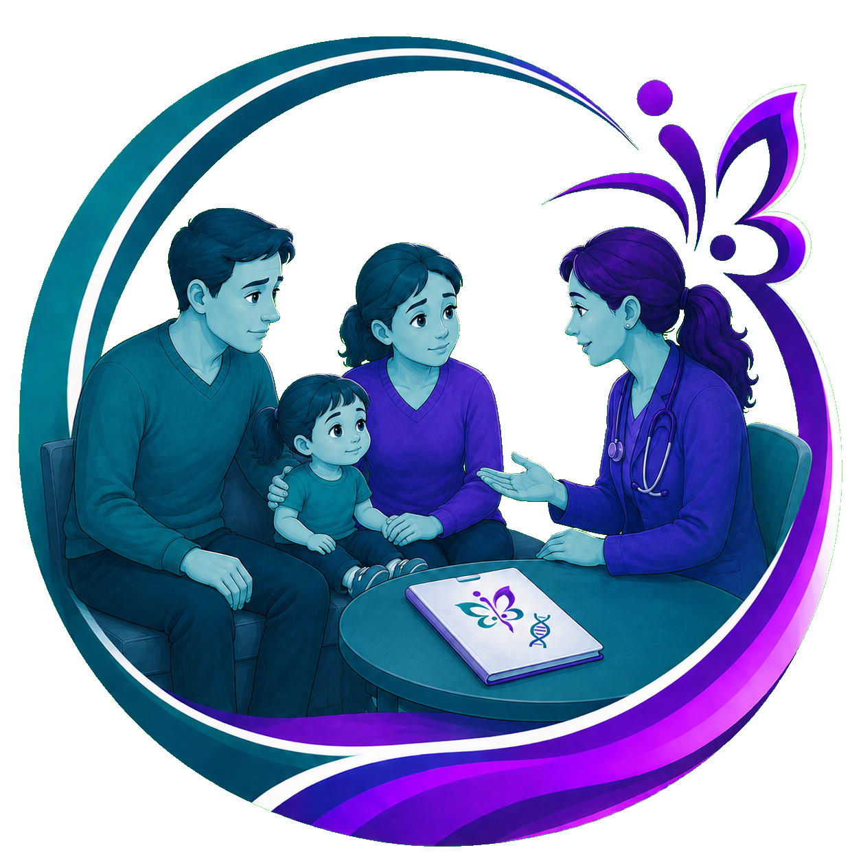 Une famille en consultation avec une médecin lors d'une visite médicale, avec un tableau représentant une fleur et une chaîne ADN.