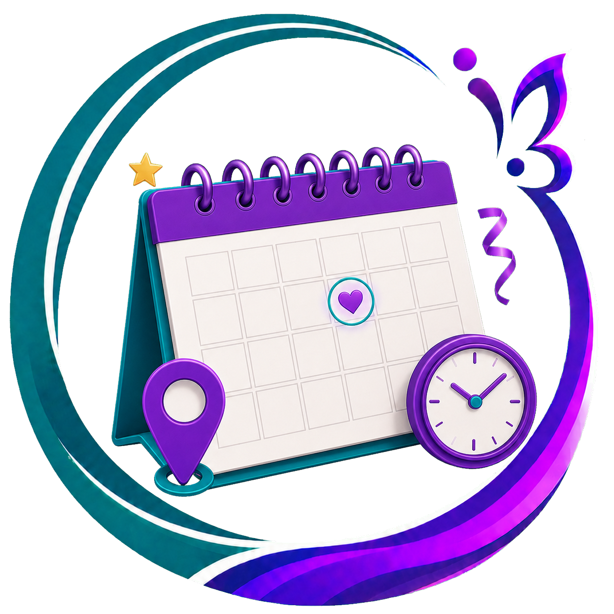 Un calendrier violet avec un cœur au centre, une horloge, une épingle de localisation, des spirales et des décorations de fête
