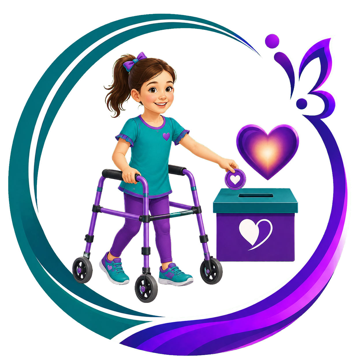 Une jeune fille en fauteuil roulant dépose une capsule dans une boîte de collecte, entourée de cœurs violets et d'un décor aux couleurs violettes et bleues.