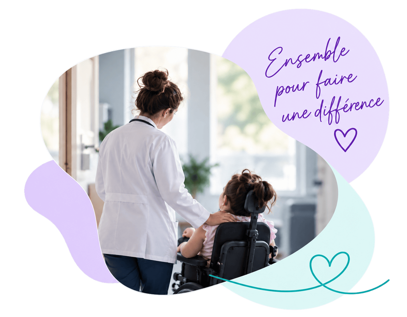 Une femme en blouse blanche, probablement une professionnelle de santé, touche le cou d'une jeune fille dans un fauteuil roulant, dans une pièce lumineuse avec fenêtre.