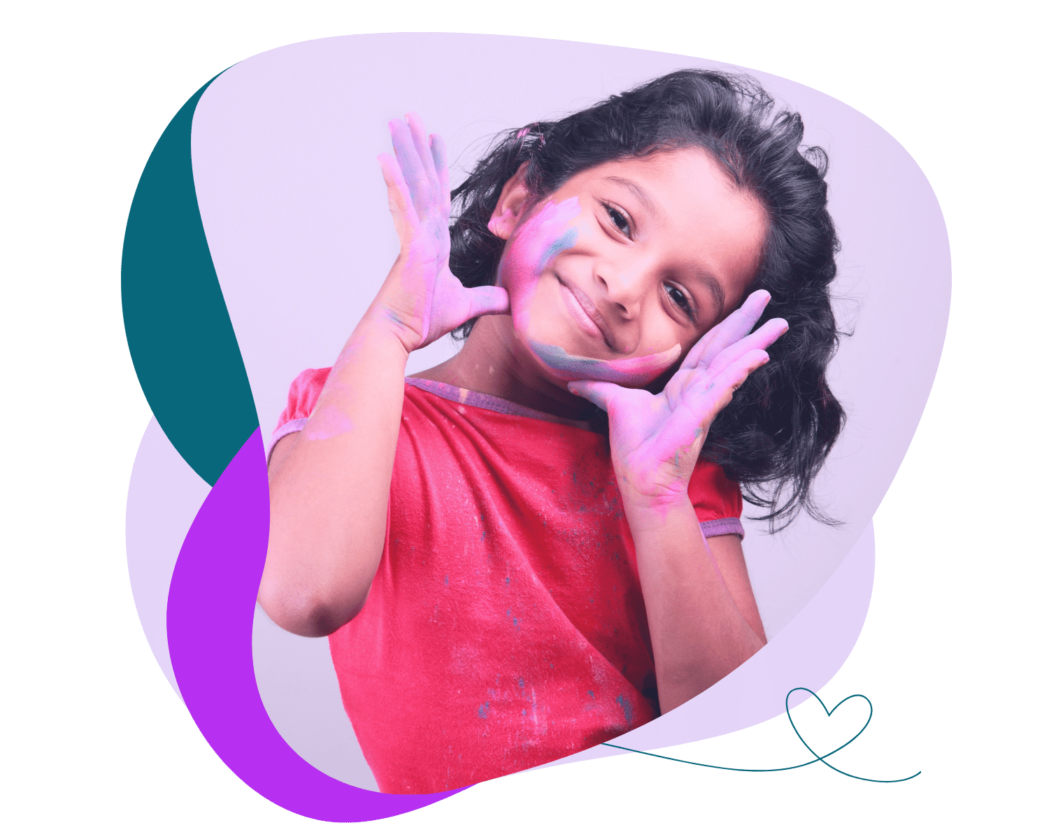 Jeune fille souriante avec des mains sur le visage, projet de couleur de poudre dans un studio, arrière-plan blanc, décoration graphique en violet et bleu.