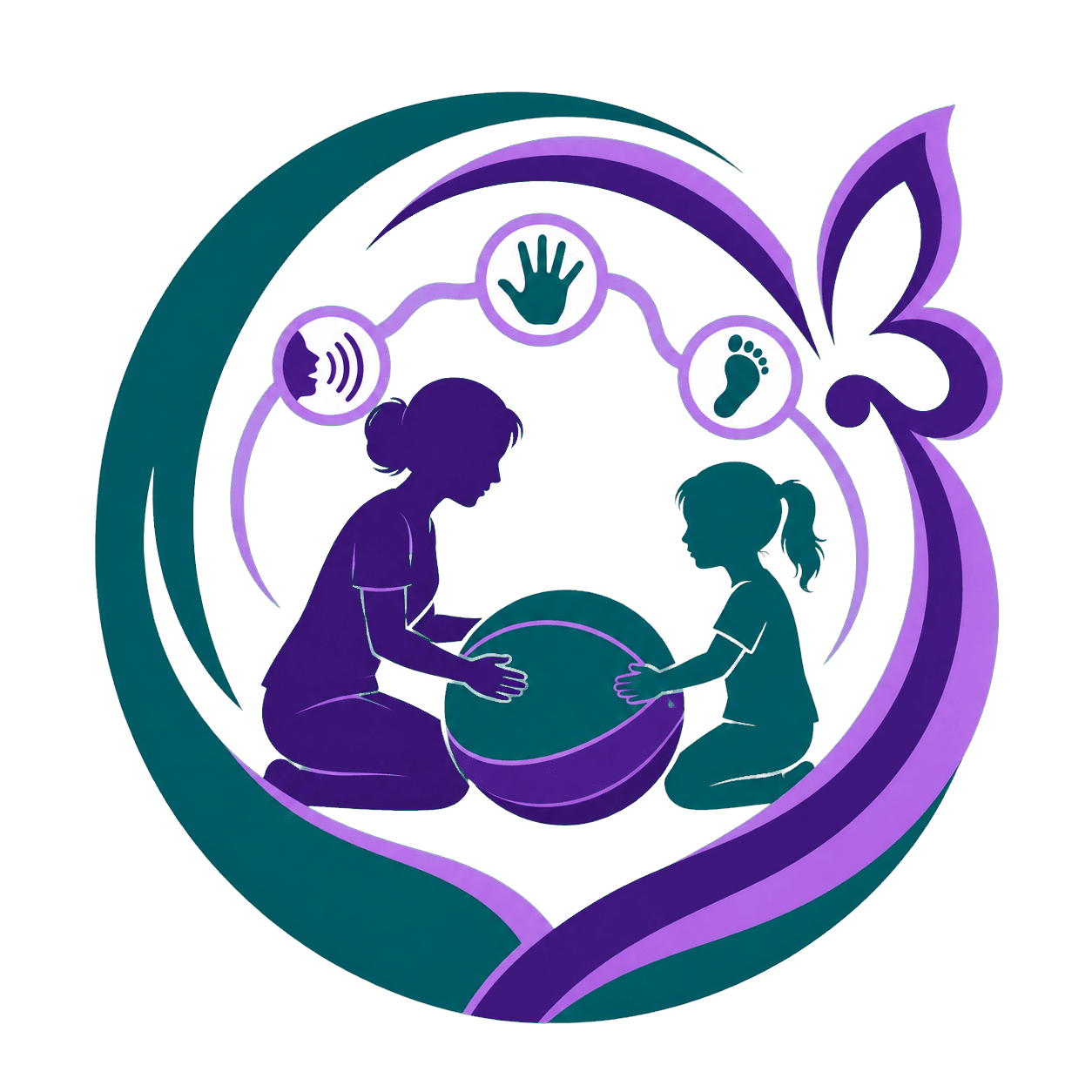 Illustration de deux enfants, une fille et une femme, jouant avec un ballon, entourés d'un symbole de développement et de soins, avec des icônes représentant la parole, la main, la patte et la feuille, le tout encadré par des éléments de nature.