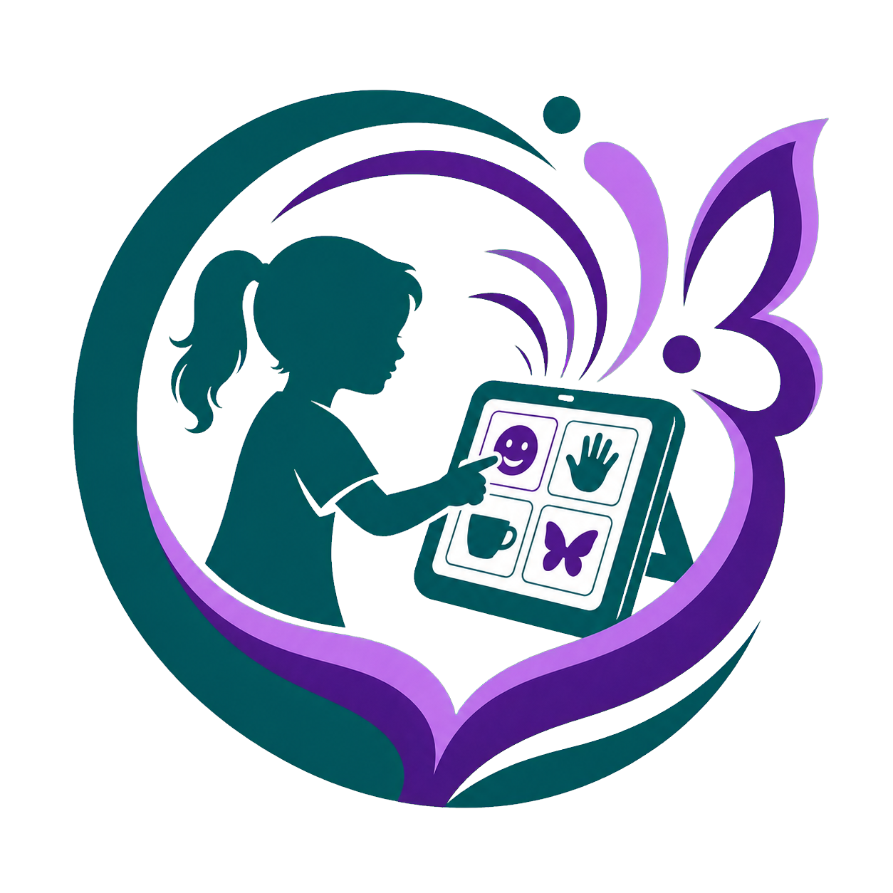 Silhouette d'une fille utilisant une tablette avec quatre icônes : un sourire, une main, une tasse et un papillon, entourée de motifs floraux violets et verts.
