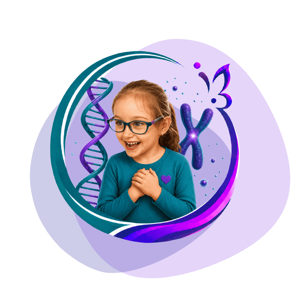Une jeune fille souriante avec des lunettes, entourée d'illustrations de double hélice d'ADN et de chromosomes, évoquant la génétique ou la science.