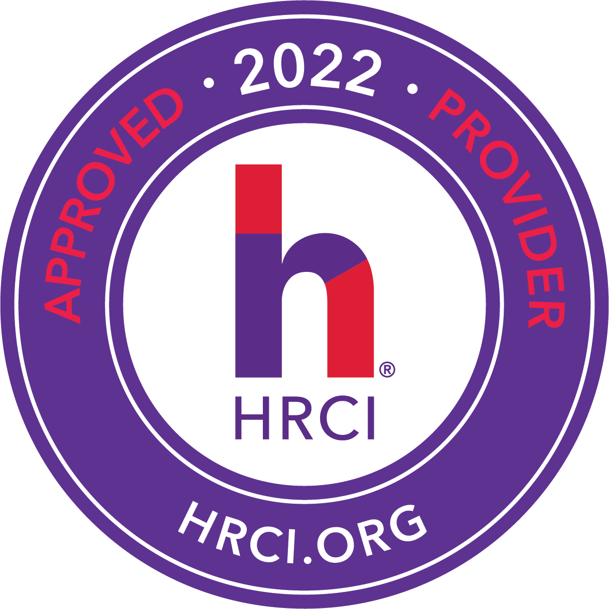 A circular badge with a purple border and text that reads "Approved Provider 2022" and the website "HRCI.org". Inside the badge, there is a stylized lowercase 'h' logo with sections in purple and red, and the text "HRCI" below it.
