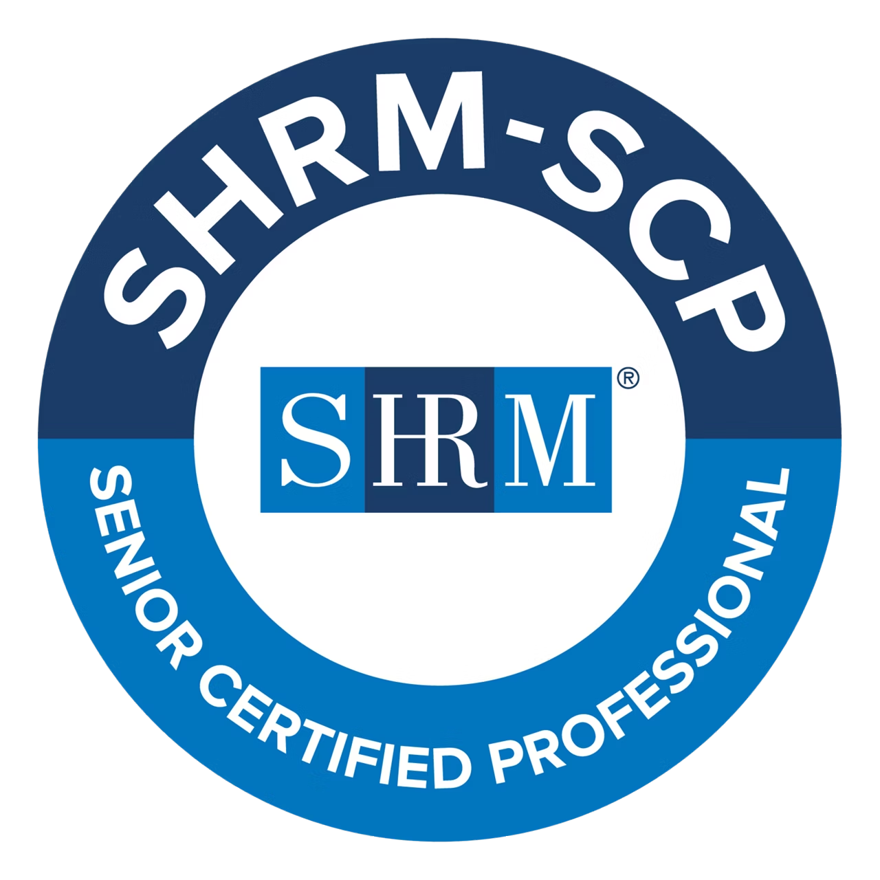 SHRM-SCP, a badge with blue and white colors, indicating a SHRM Senior Certified Professional credential from the Society for Human Resource Management.