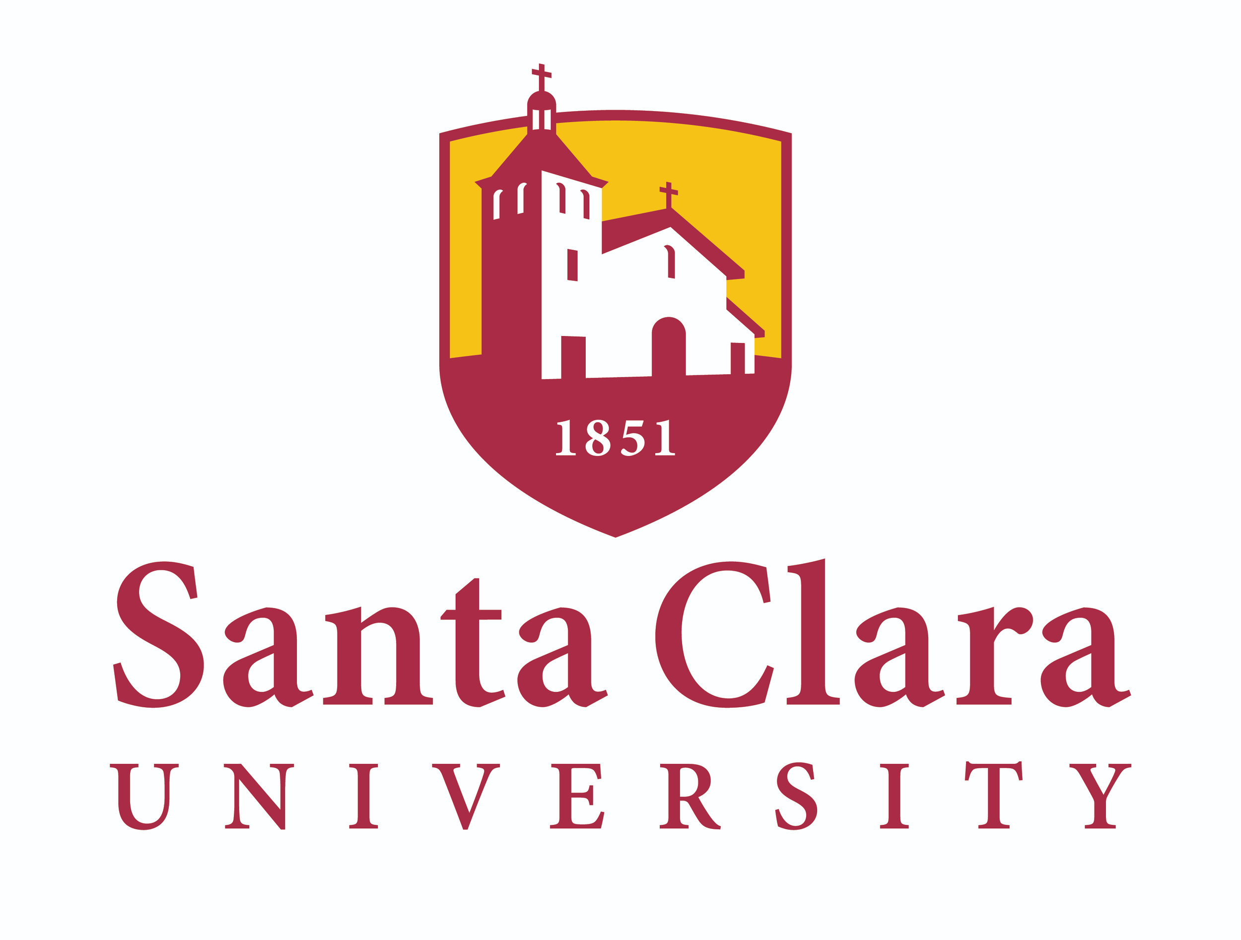 University shield logo with church steeple, the year 1851, and the text 'Santa Clara University'.