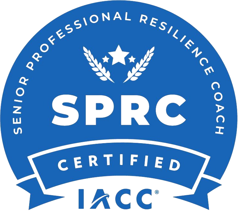 A blue circular badge with text and symbols, indicating certification. The top part reads 'Senior Professional Resilience Coach.' The center displays the acronym 'SPRC' with a star and laurel leaves above it. The bottom part of the badge says 'Certified' and features the IAACC logo.