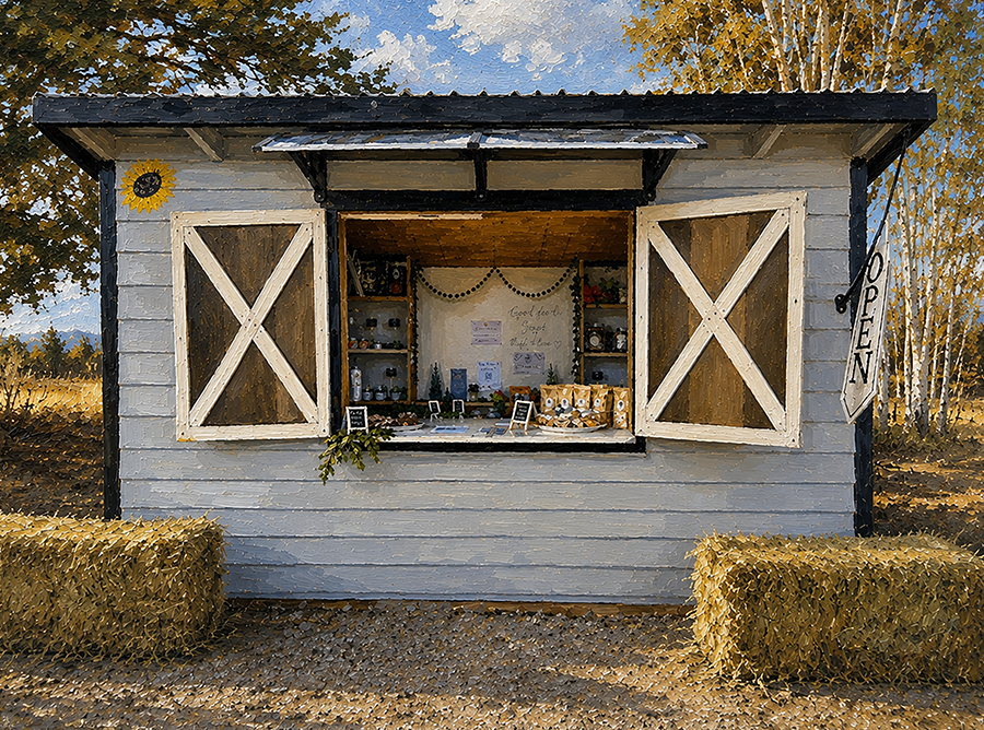 A small wooden shop with open windows displaying various items, surrounded by hay bales and trees, with a sign that says "OPEN".